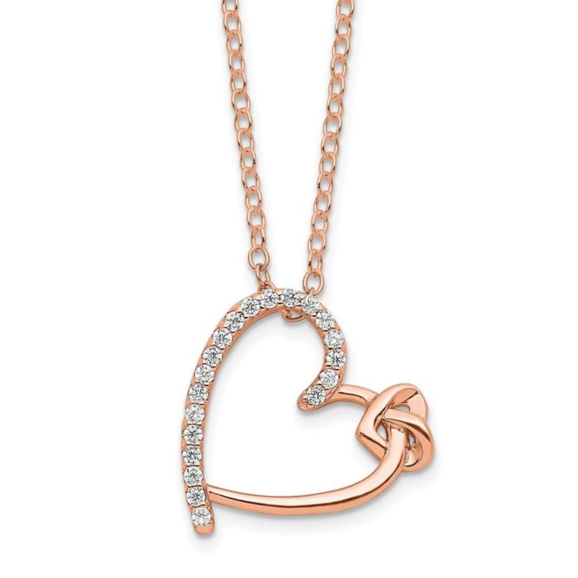 Sterling Silver Rose-tone Polished Cubic Zirconia Heart 18-inch Necklace