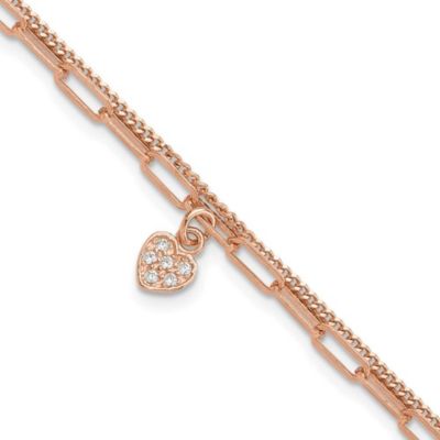 Luxury Giftware by Jere Sterling Silver Rose Gold-plated Cubic Zirconia Heart 6.75-inch with 1-inch Extension Bracelet