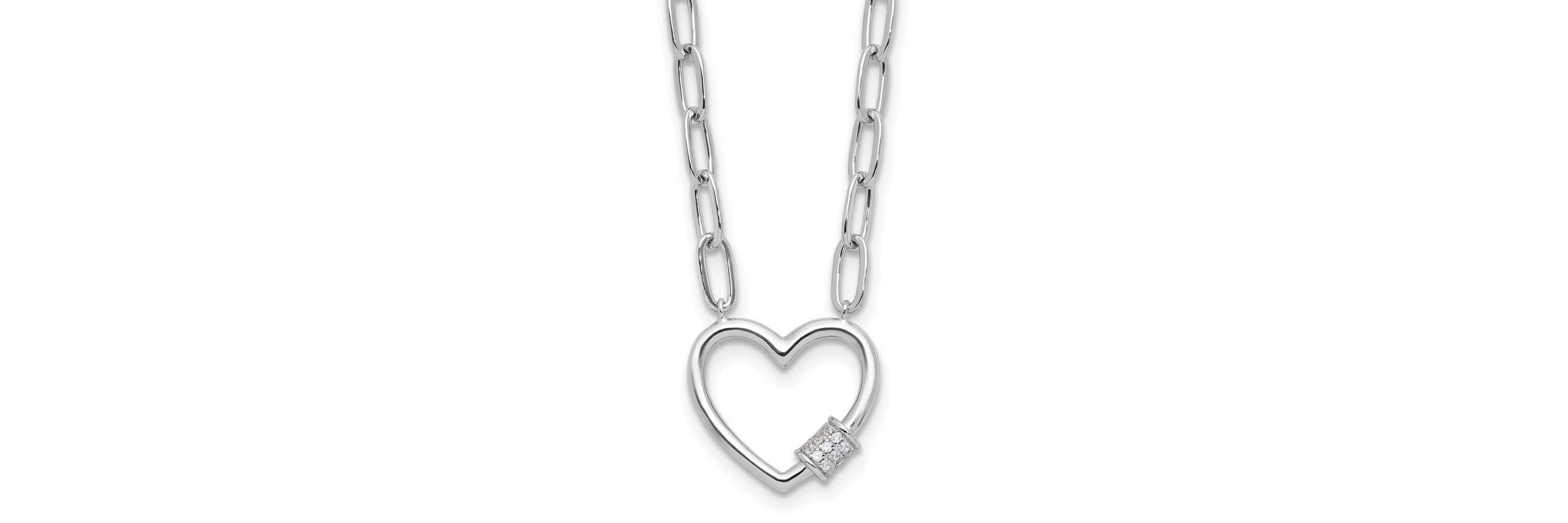 Sterling Silver Rhodium-plated Cubic Zirconia Heart Paperclip Link 16-inch with 2-inch Extension Necklace