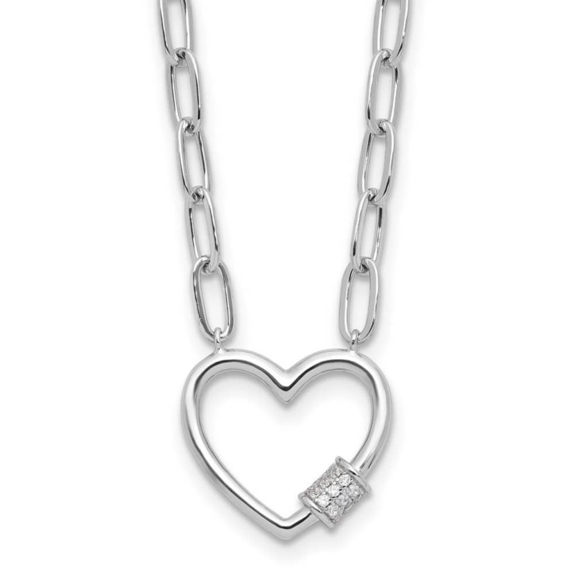Sterling Silver Rhodium-plated Cubic Zirconia Heart Paperclip Link 16-inch with 2-inch Extension Necklace