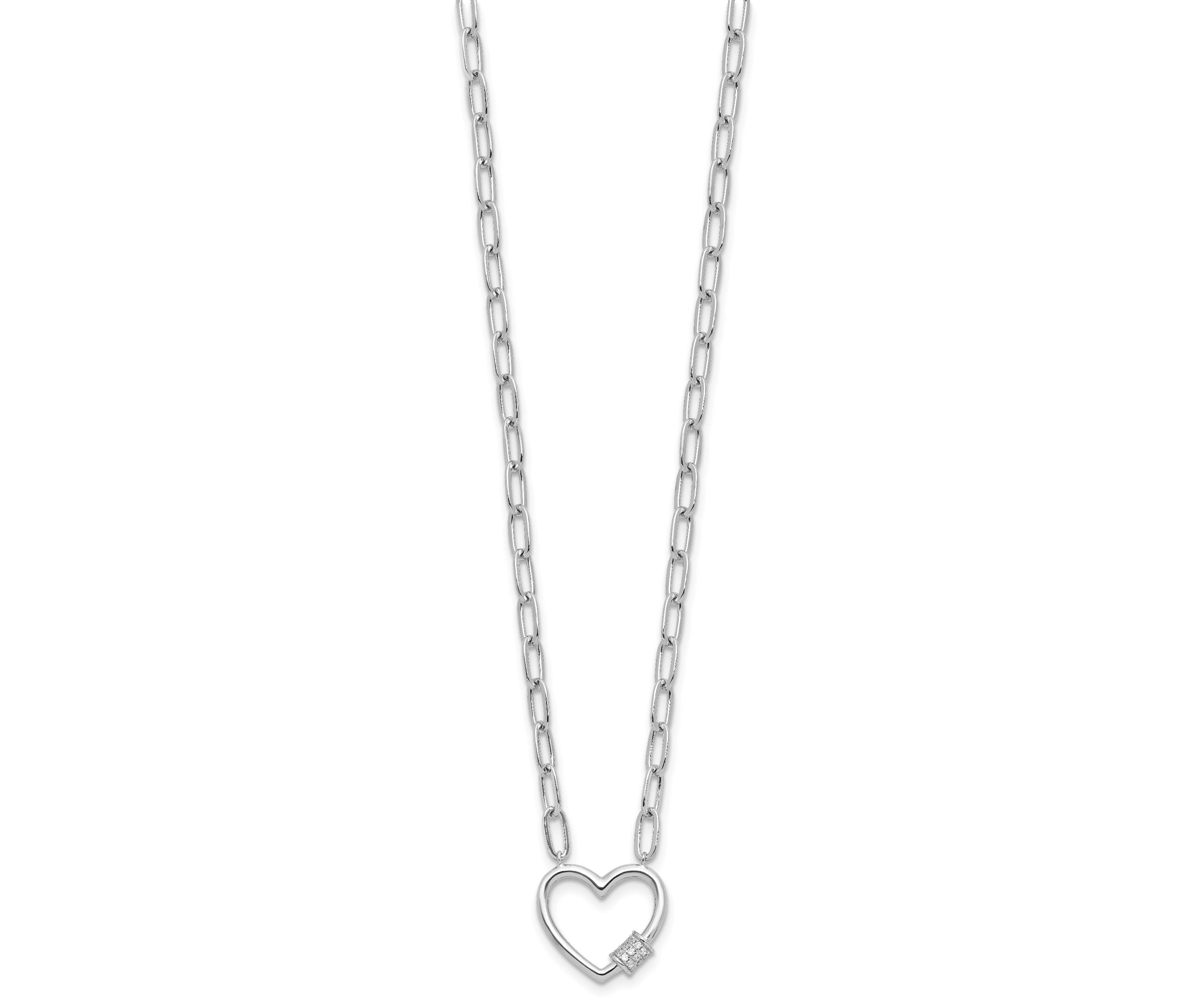Sterling Silver Rhodium-plated Cubic Zirconia Heart Paperclip Link 16-inch with 2-inch Extension Necklace