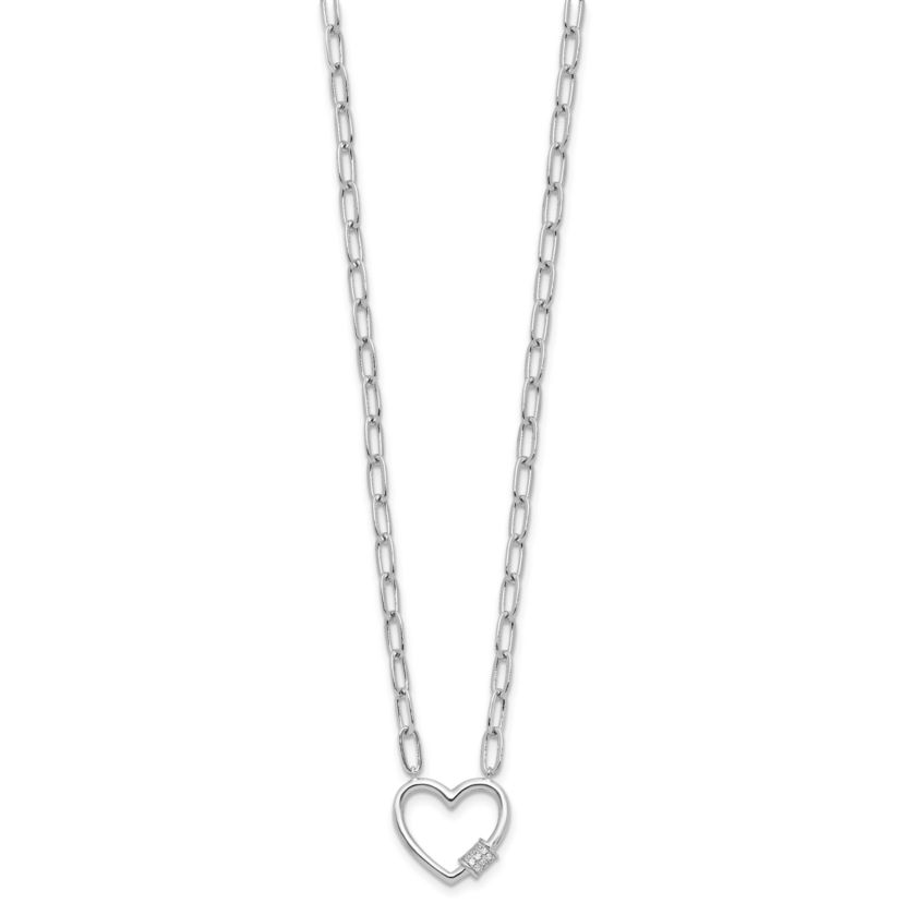 Sterling Silver Rhodium-plated Cubic Zirconia Heart Paperclip Link 16-inch with 2-inch Extension Necklace