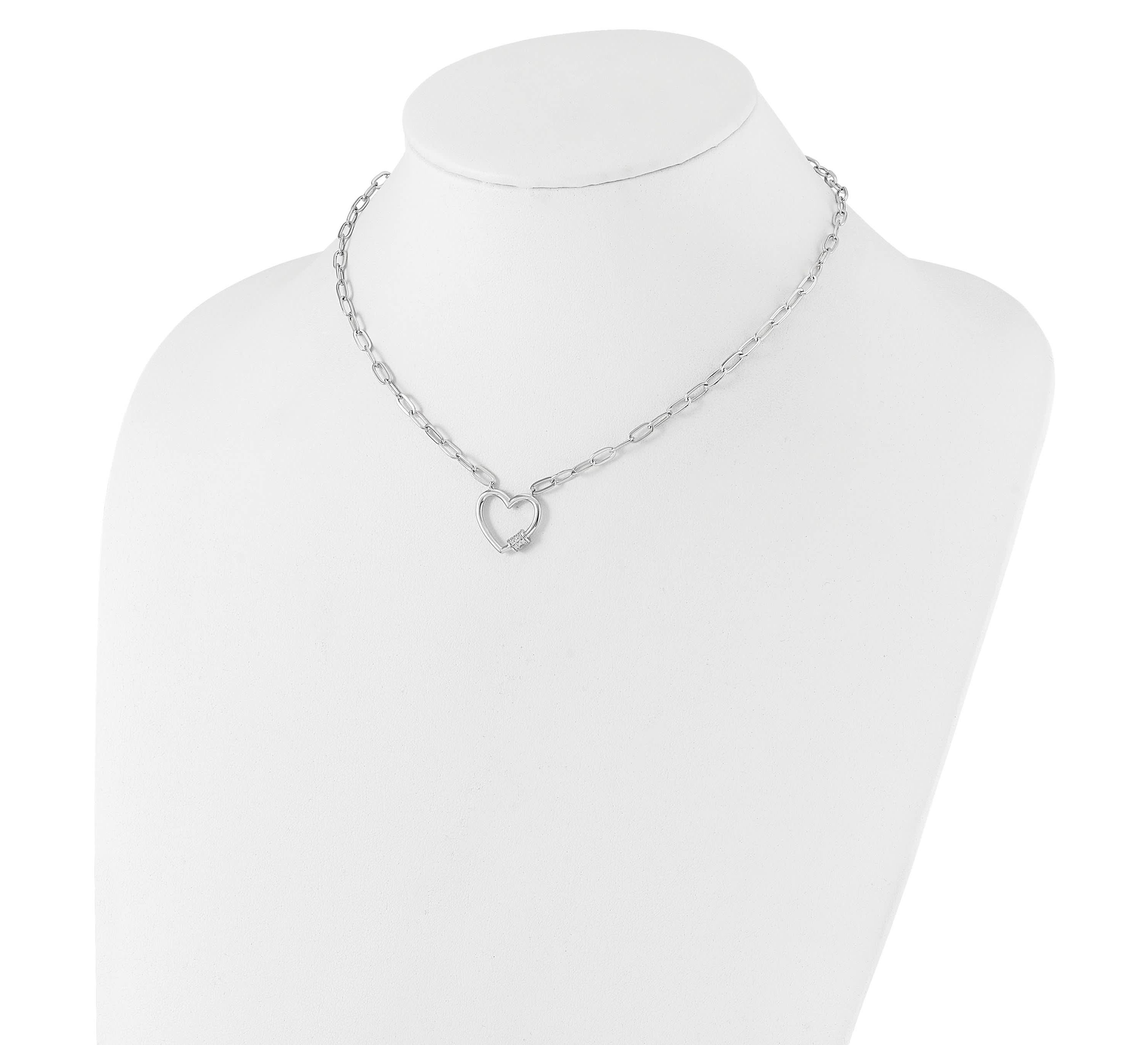 Sterling Silver Rhodium-plated Cubic Zirconia Heart Paperclip Link 16-inch with 2-inch Extension Necklace