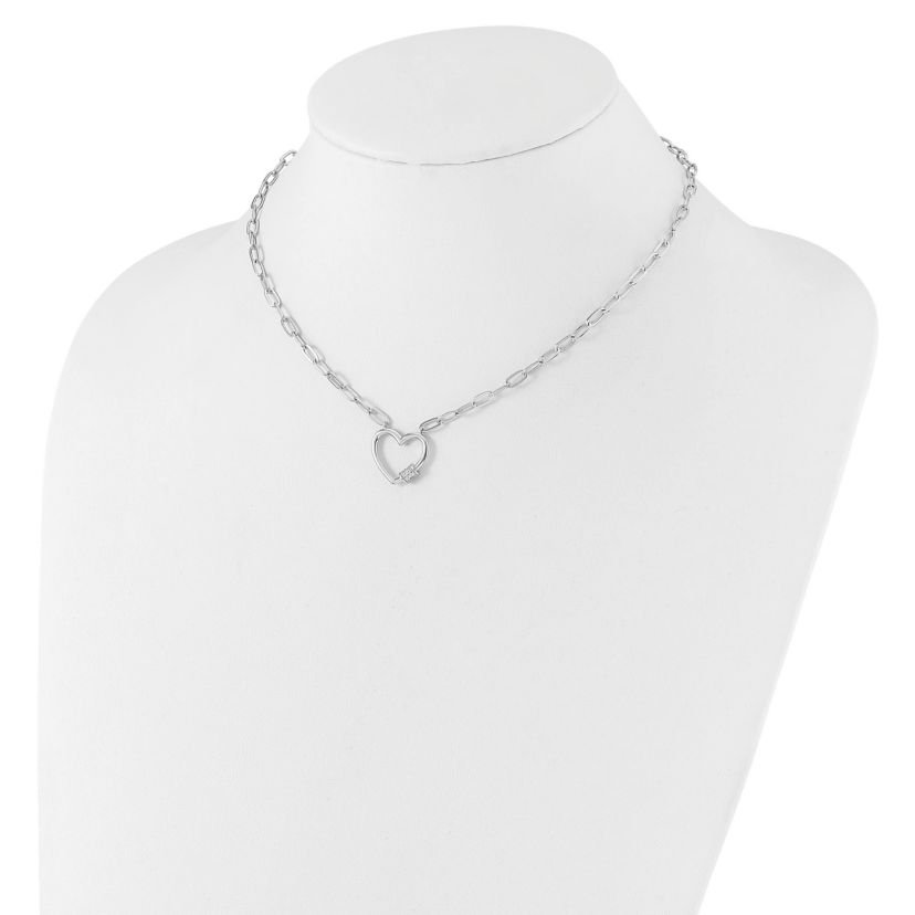 Sterling Silver Rhodium-plated Cubic Zirconia Heart Paperclip Link 16-inch with 2-inch Extension Necklace