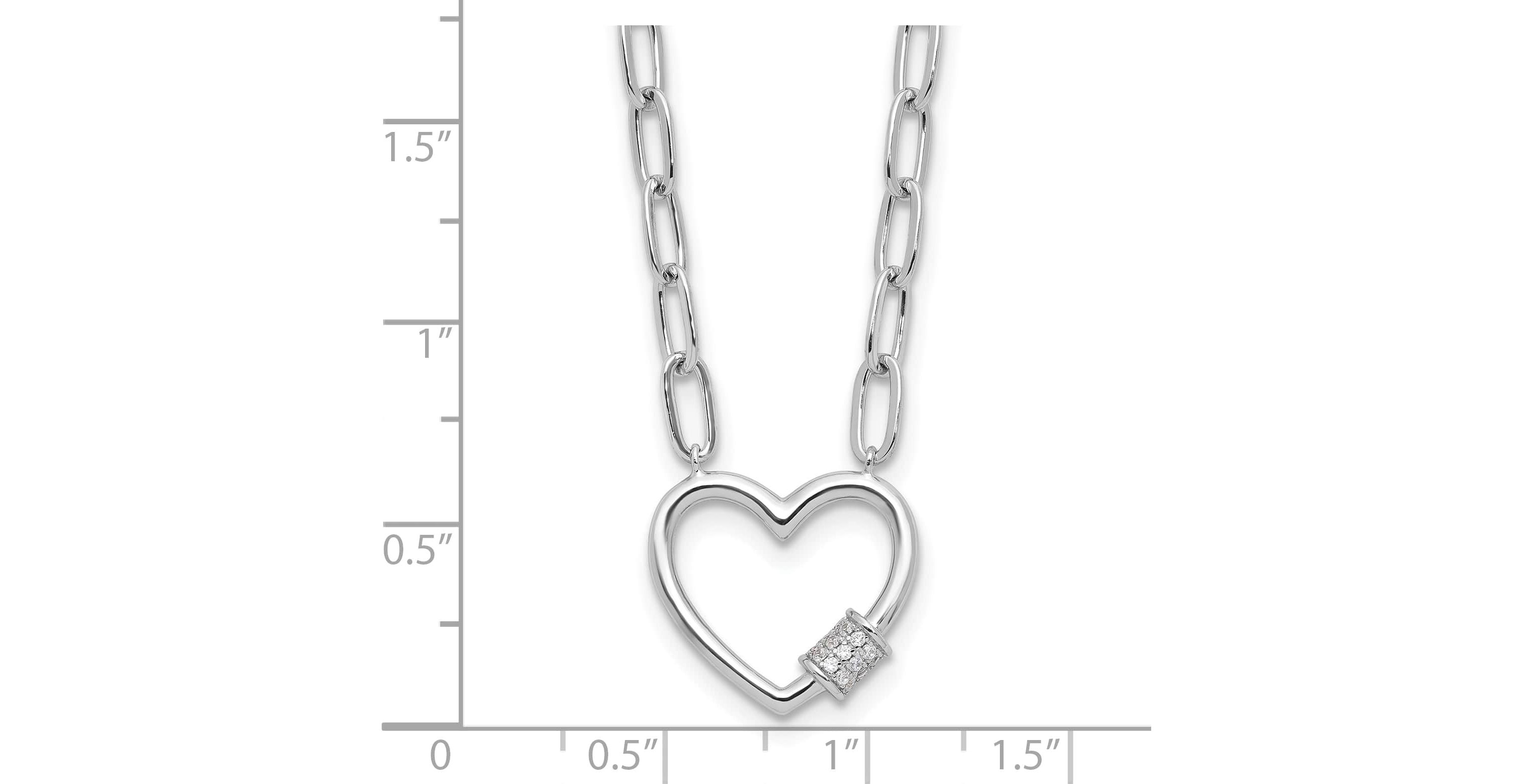 Sterling Silver Rhodium-plated Cubic Zirconia Heart Paperclip Link 16-inch with 2-inch Extension Necklace