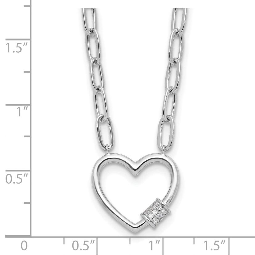 Sterling Silver Rhodium-plated Cubic Zirconia Heart Paperclip Link 16-inch with 2-inch Extension Necklace