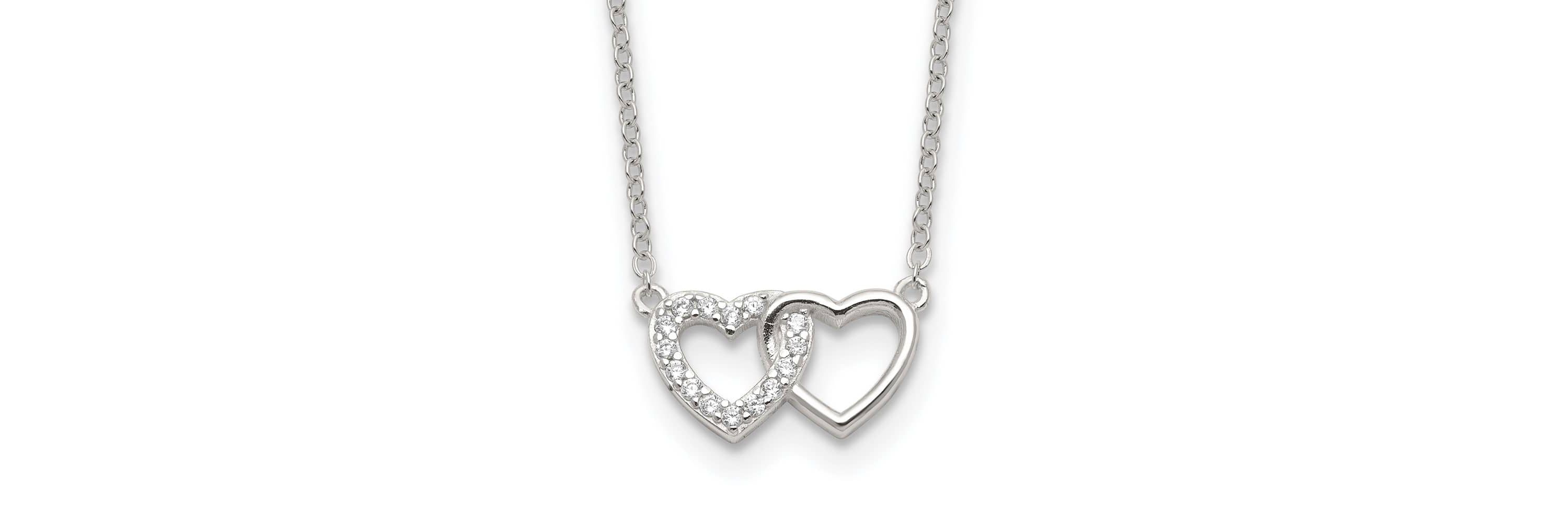 Sterling Silver E-Coating Cubic Zirconia Double Heart 16-inch with 2-inch Extension Necklace