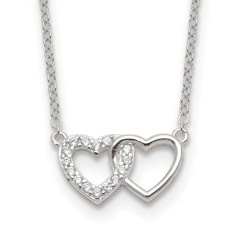 Sterling Silver E-Coating Cubic Zirconia Double Heart 16-inch with 2-inch Extension Necklace