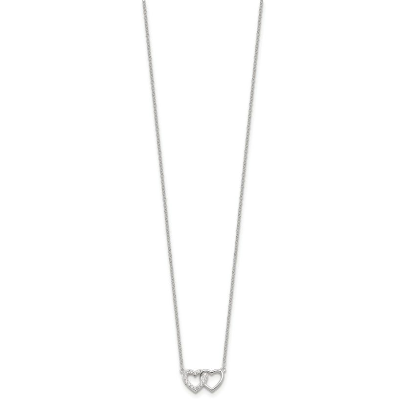 Sterling Silver E-Coating Cubic Zirconia Double Heart 16-inch with 2-inch Extension Necklace