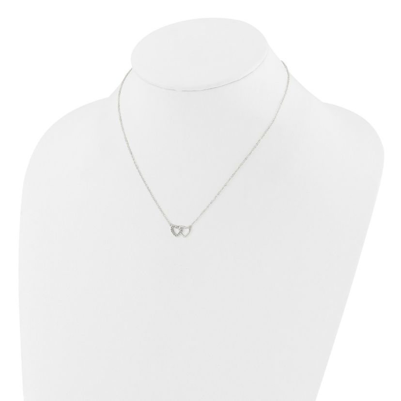 Sterling Silver E-Coating Cubic Zirconia Double Heart 16-inch with 2-inch Extension Necklace