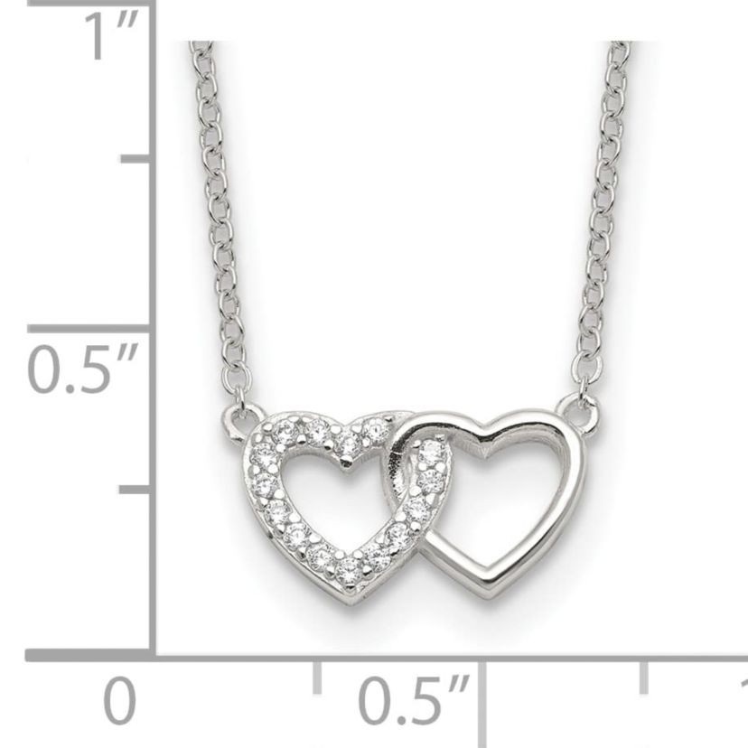 Sterling Silver E-Coating Cubic Zirconia Double Heart 16-inch with 2-inch Extension Necklace