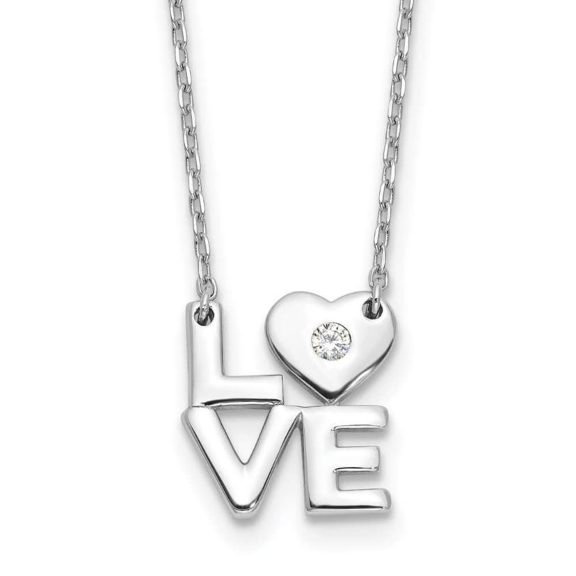 Sterling Silver Rhodium-plated Cubic Zirconia LOVE 16-inch with 2-inch Extension Necklace