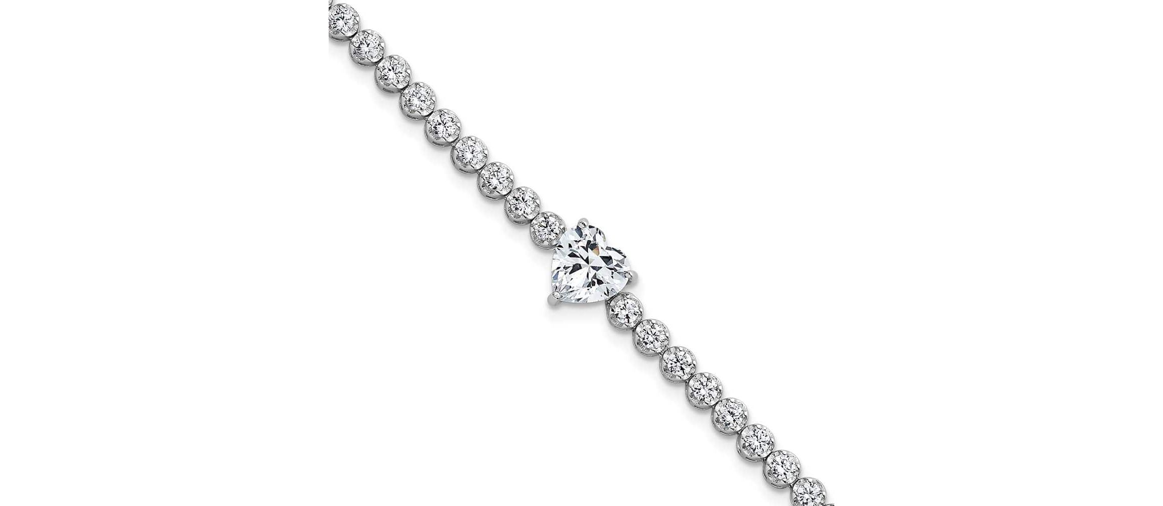 Sterling Silver Rhodium-plated Polished Round and Heart Cubic Zirconia 7.25-inch Bracelet