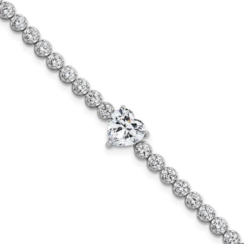 Sterling Silver Rhodium-plated Polished Round and Heart Cubic Zirconia 7.25-inch Bracelet