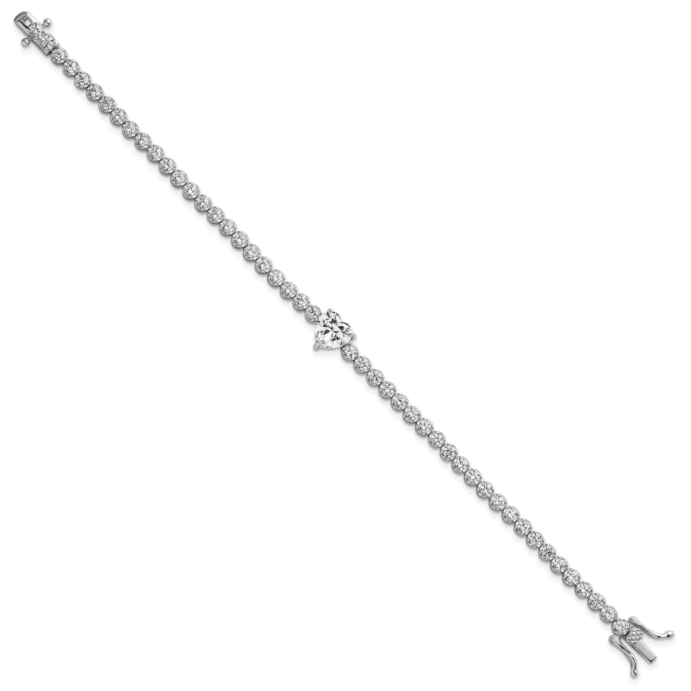 Sterling Silver Rhodium-plated Polished Round and Heart Cubic Zirconia 7.25-inch Bracelet
