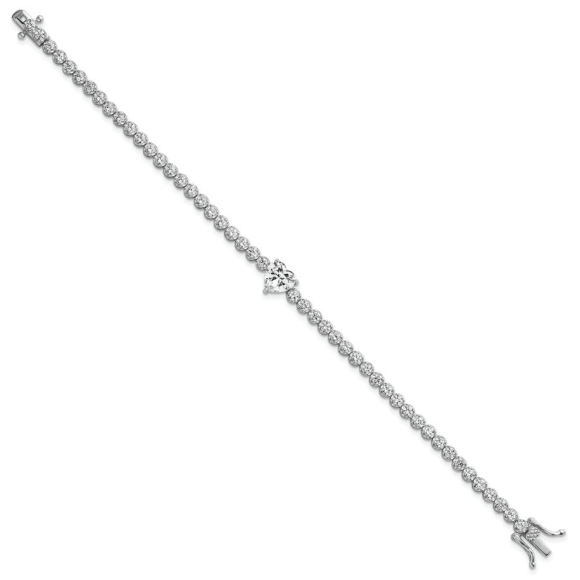 Sterling Silver Rhodium-plated Polished Round and Heart Cubic Zirconia 7.25-inch Bracelet
