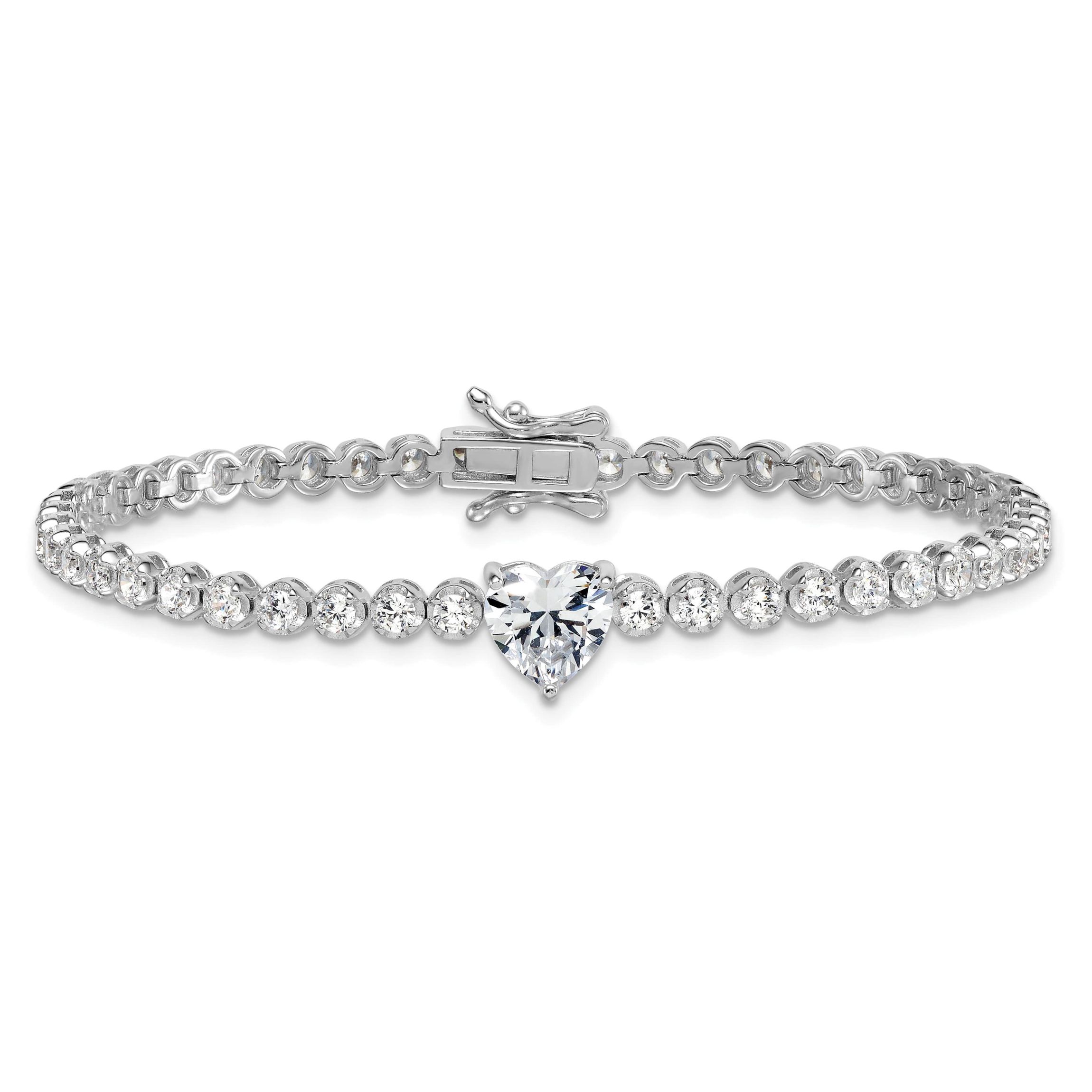 Sterling Silver Rhodium-plated Polished Round and Heart Cubic Zirconia 7.25-inch Bracelet