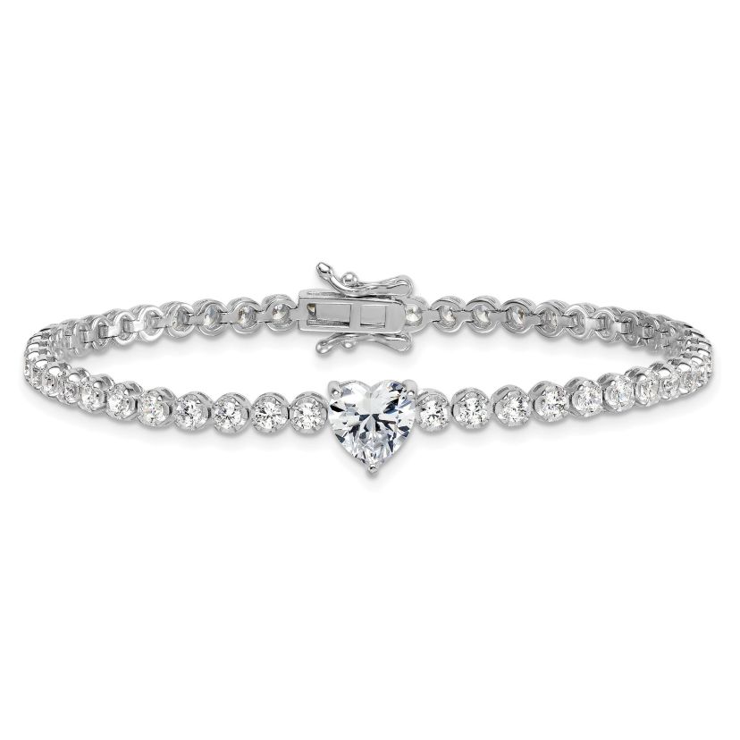 Sterling Silver Rhodium-plated Polished Round and Heart Cubic Zirconia 7.25-inch Bracelet