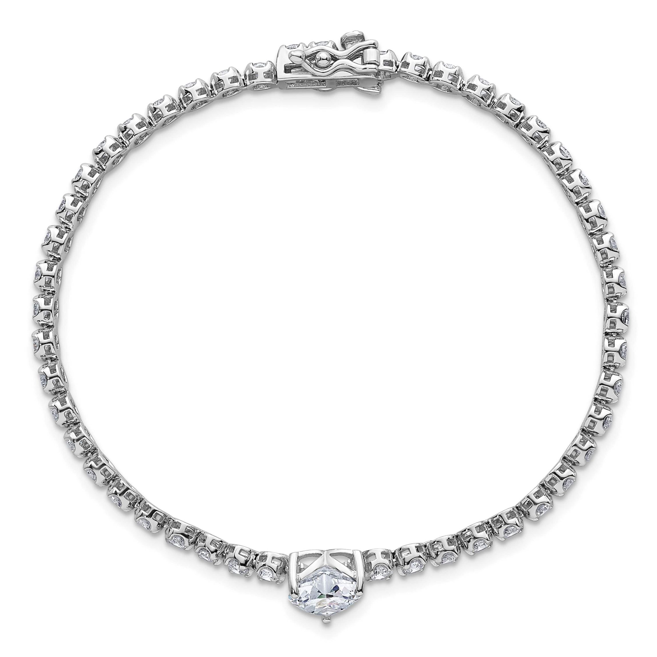 Sterling Silver Rhodium-plated Polished Round and Heart Cubic Zirconia 7.25-inch Bracelet