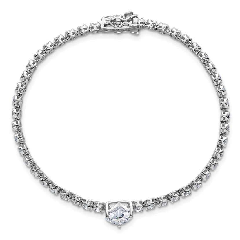 Sterling Silver Rhodium-plated Polished Round and Heart Cubic Zirconia 7.25-inch Bracelet