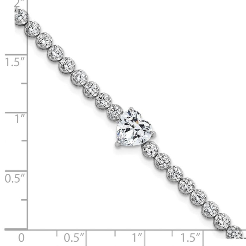 Sterling Silver Rhodium-plated Polished Round and Heart Cubic Zirconia 7.25-inch Bracelet