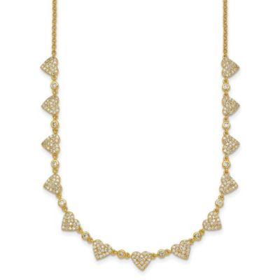 Luxury Giftware by Jere Sterling Silver Gold-tone Polished Pave Cubic Zirconia Hearts 16-inch with 2-inch Extension Necklace, White, 16 in