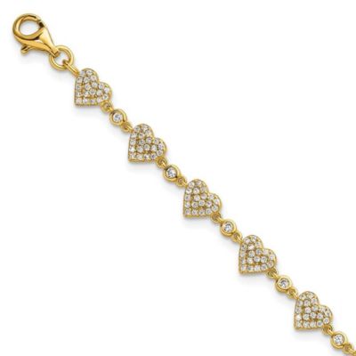 Luxury Giftware by Jere Sterling Silver Gold-tone Polished Pave Cubic Zirconia Hearts 7-inch with 1-inch Extension Bracelet, White, 7 in