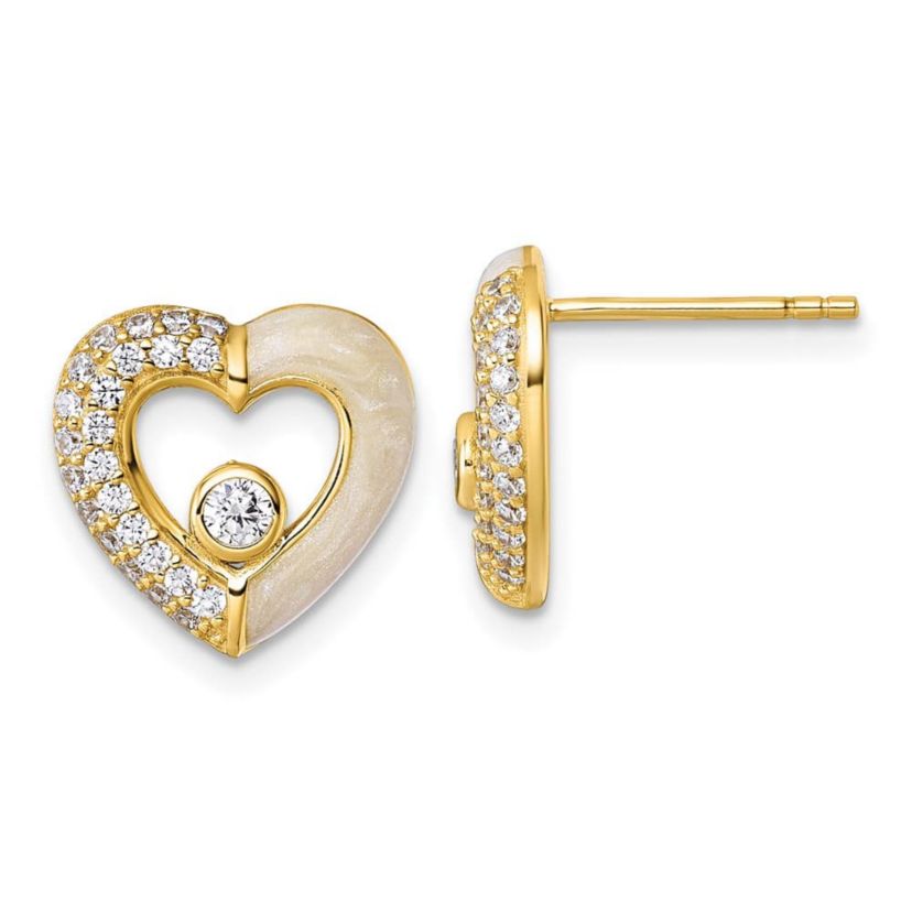 Sterling Silver Gold-tone Cubic Zirconia Enamel Polished Heart Post Earrings