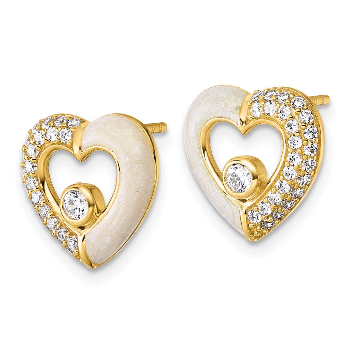 Sterling Silver Gold-tone Cubic Zirconia Enamel Polished Heart Post Earrings