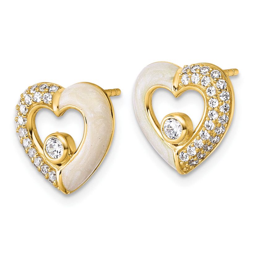 Sterling Silver Gold-tone Cubic Zirconia Enamel Polished Heart Post Earrings