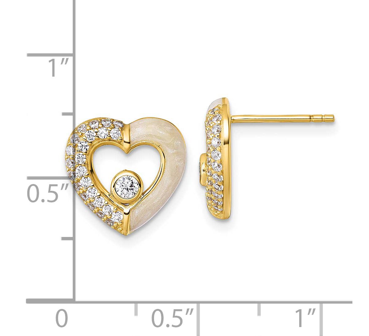 Sterling Silver Gold-tone Cubic Zirconia Enamel Polished Heart Post Earrings