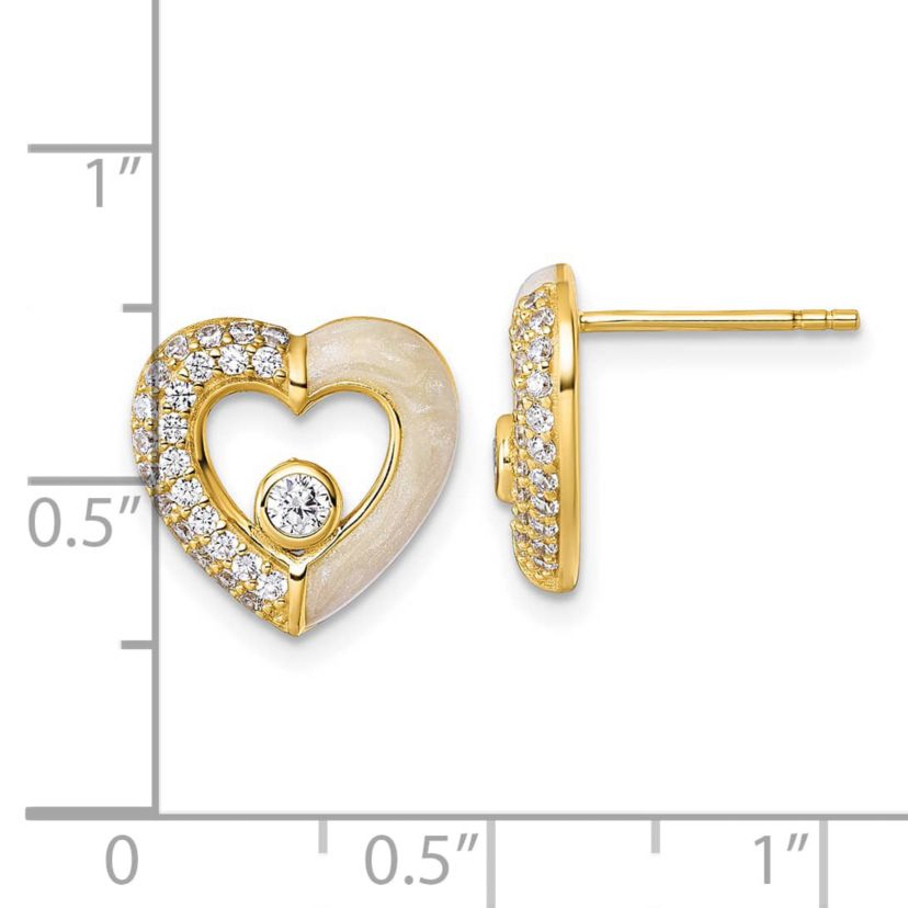 Sterling Silver Gold-tone Cubic Zirconia Enamel Polished Heart Post Earrings