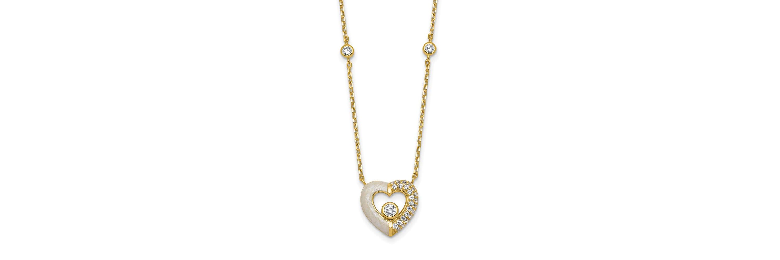 Sterling Silver Gold-tone Cubic Zirconia Enamel Heart 16-inch with 2-inch Extension Necklace