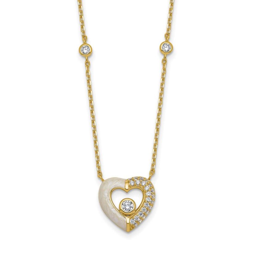 Sterling Silver Gold-tone Cubic Zirconia Enamel Heart 16-inch with 2-inch Extension Necklace