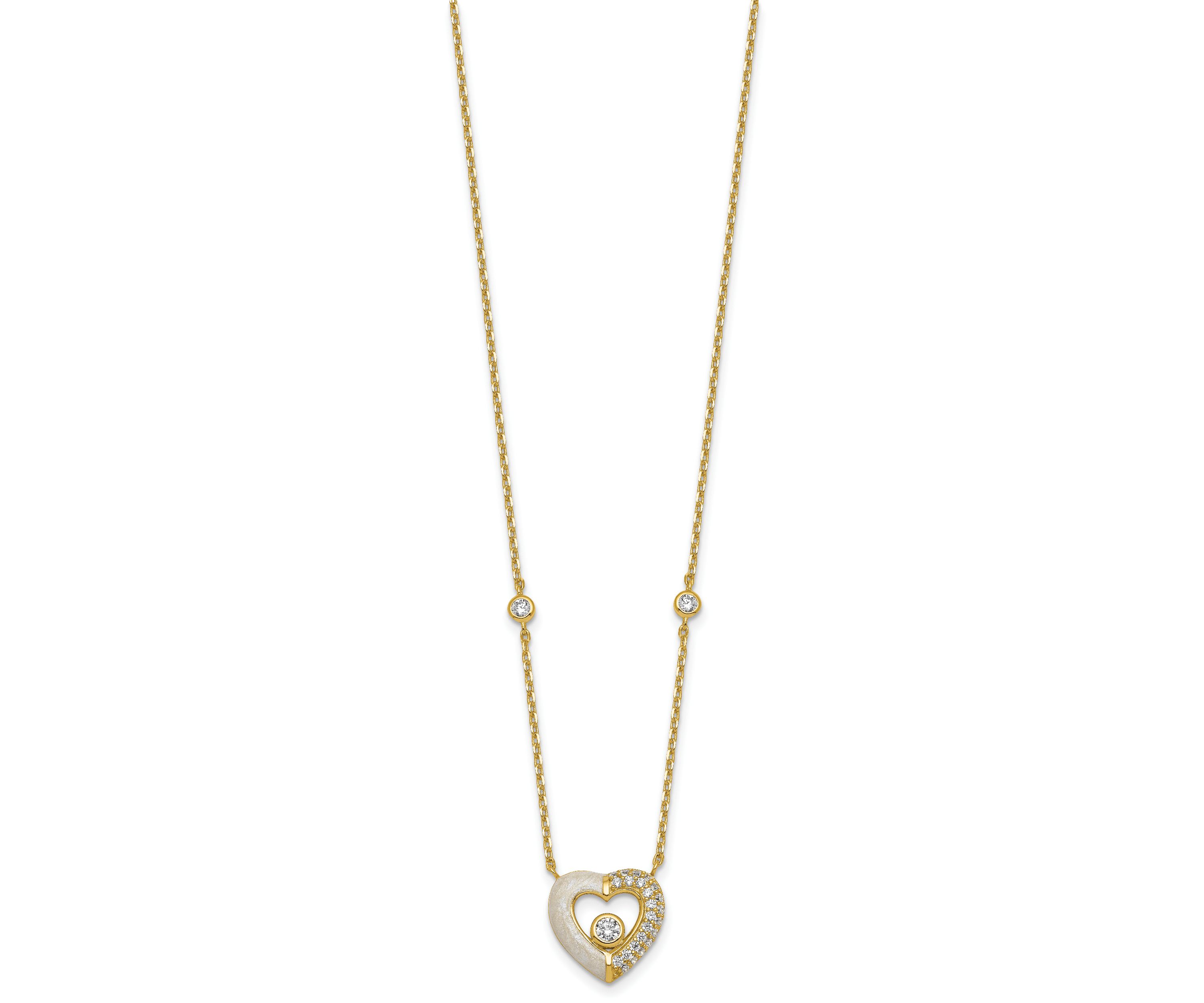 Sterling Silver Gold-tone Cubic Zirconia Enamel Heart 16-inch with 2-inch Extension Necklace