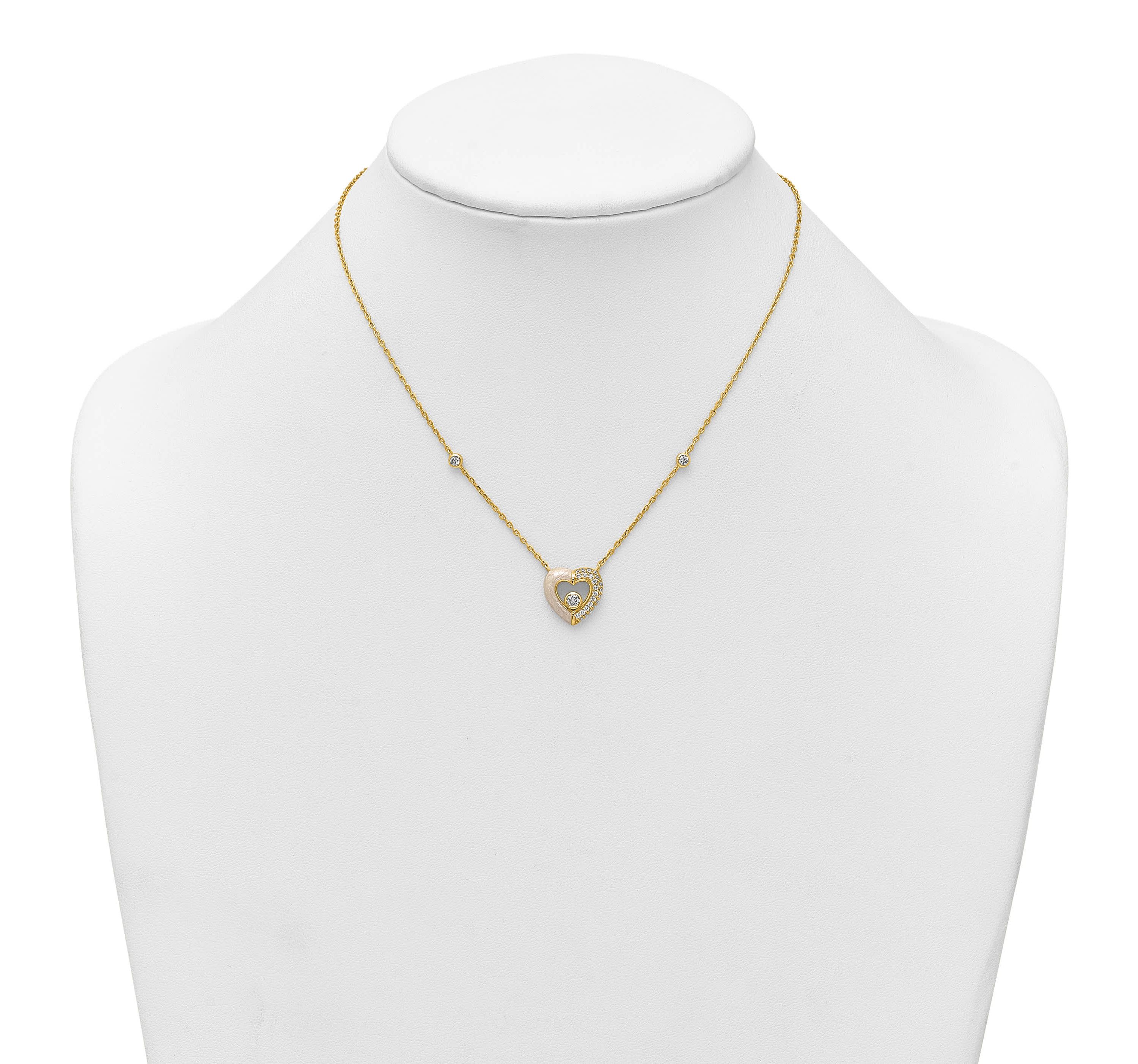 Sterling Silver Gold-tone Cubic Zirconia Enamel Heart 16-inch with 2-inch Extension Necklace