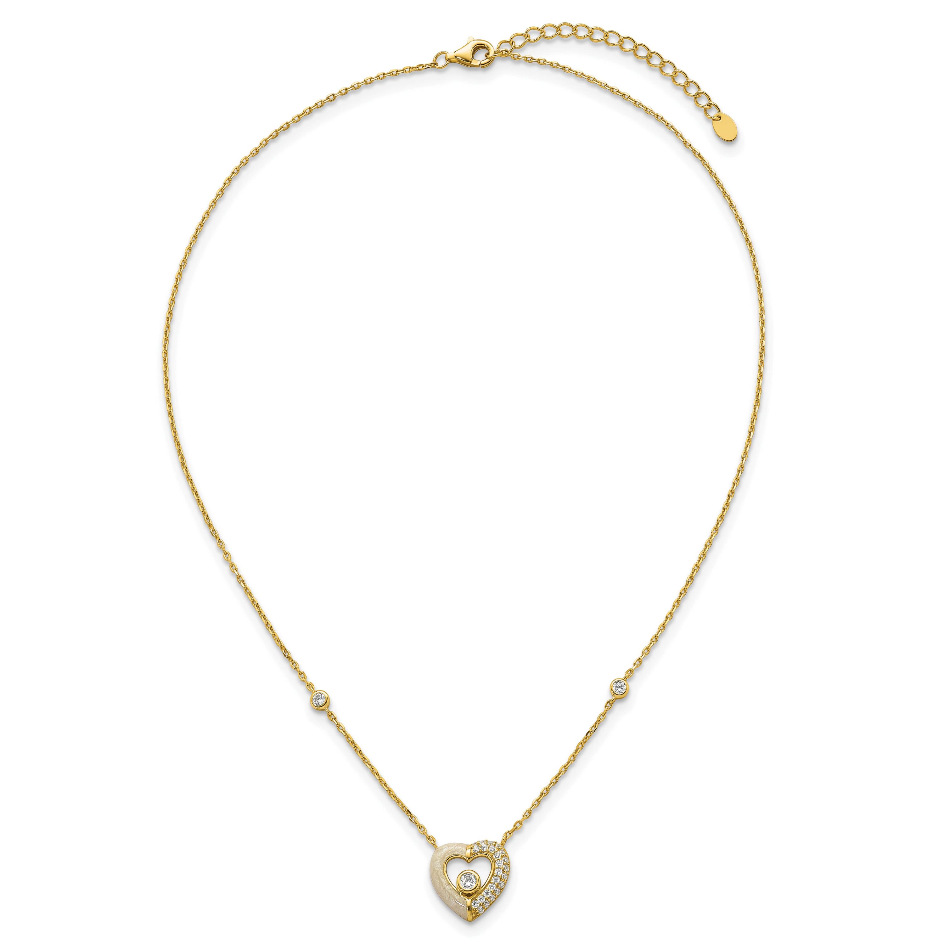 Sterling Silver Gold-tone Cubic Zirconia Enamel Heart 16-inch with 2-inch Extension Necklace