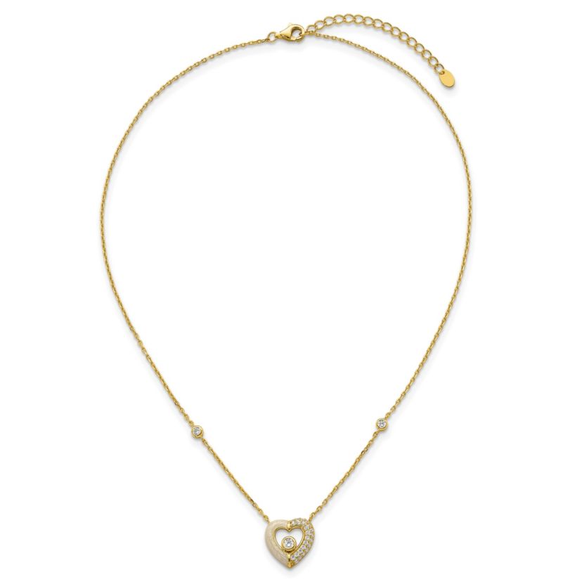 Sterling Silver Gold-tone Cubic Zirconia Enamel Heart 16-inch with 2-inch Extension Necklace