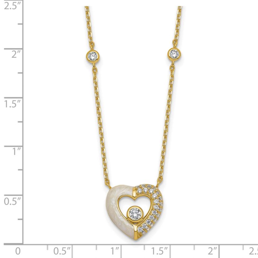 Sterling Silver Gold-tone Cubic Zirconia Enamel Heart 16-inch with 2-inch Extension Necklace
