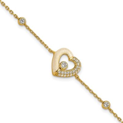 Luxury Giftware by Jere Sterling Silver Gold-tone Cubic Zirconia Enamel Heart 7-inch with .5-inch Extension Bracelet