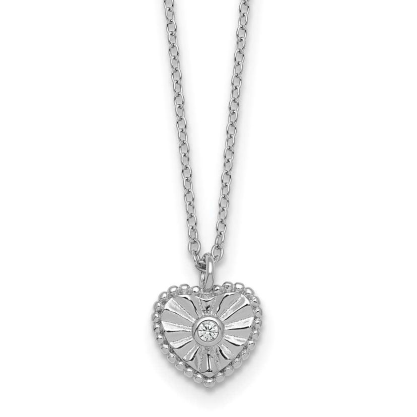 Sterling Silver Rhodium-plated Textured Cubic Zirconia Heart 16-inch with 2-inch Extension Necklace