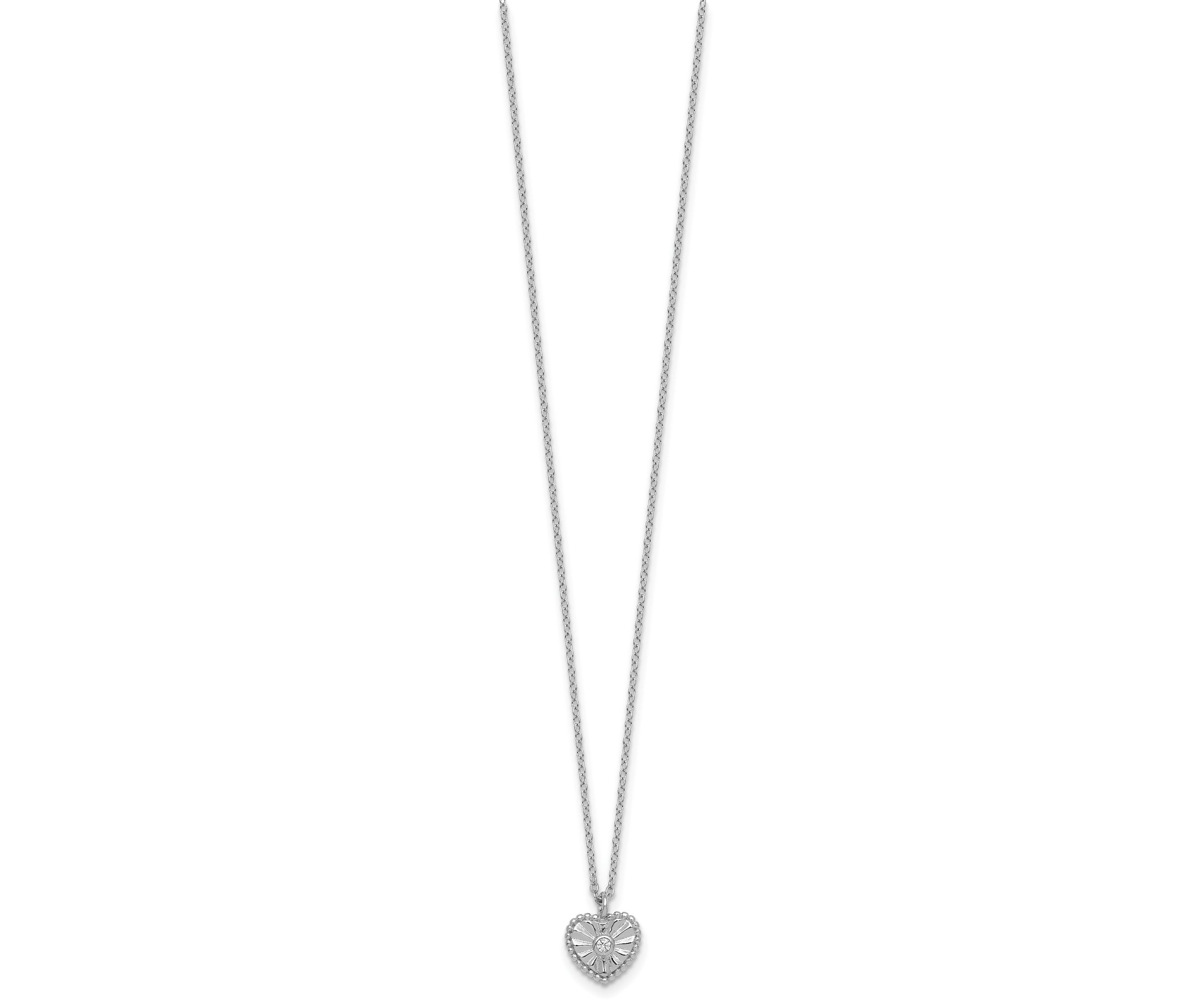Sterling Silver Rhodium-plated Textured Cubic Zirconia Heart 16-inch with 2-inch Extension Necklace