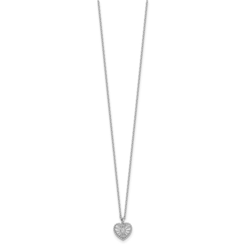 Sterling Silver Rhodium-plated Textured Cubic Zirconia Heart 16-inch with 2-inch Extension Necklace