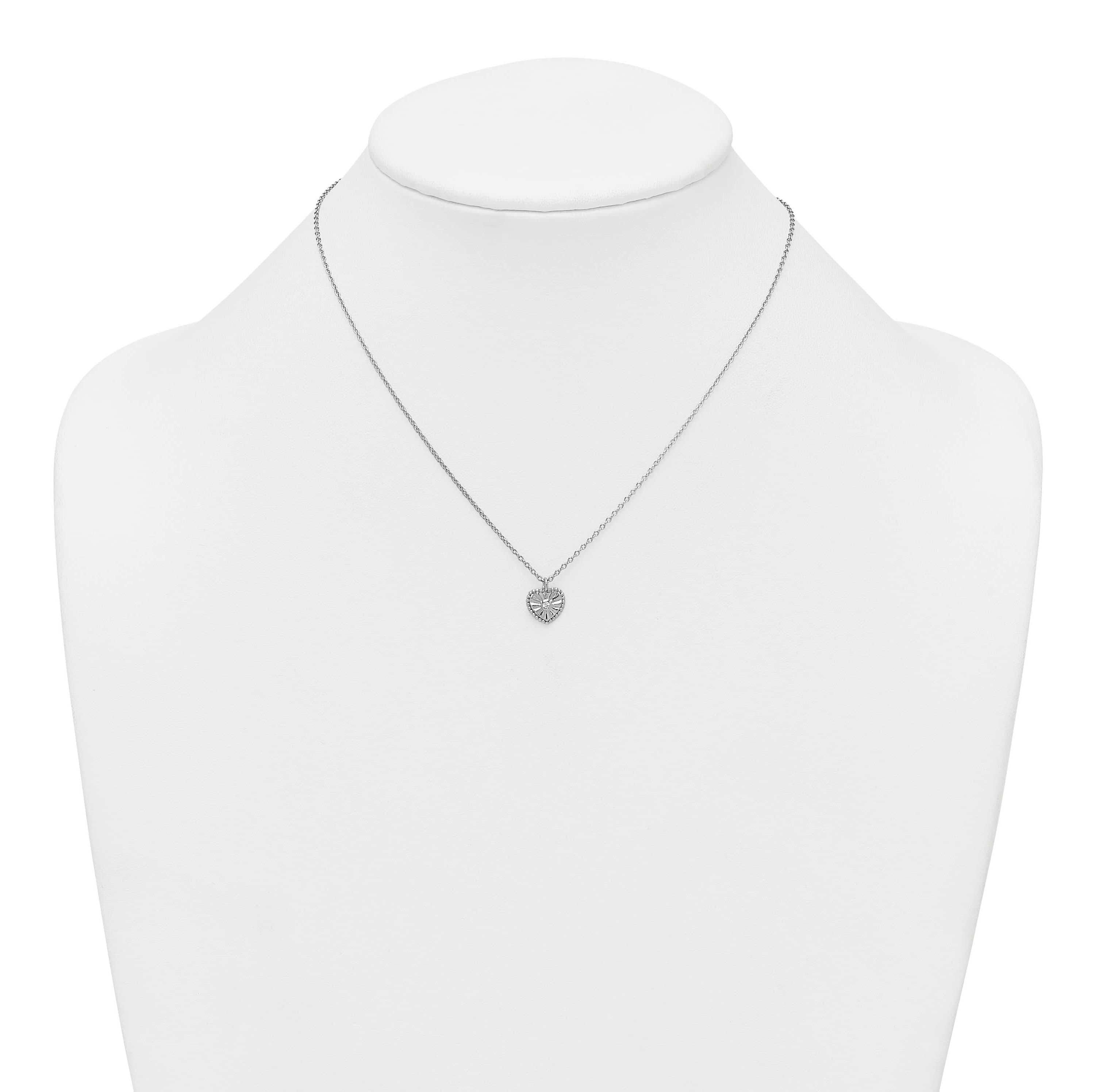 Sterling Silver Rhodium-plated Textured Cubic Zirconia Heart 16-inch with 2-inch Extension Necklace