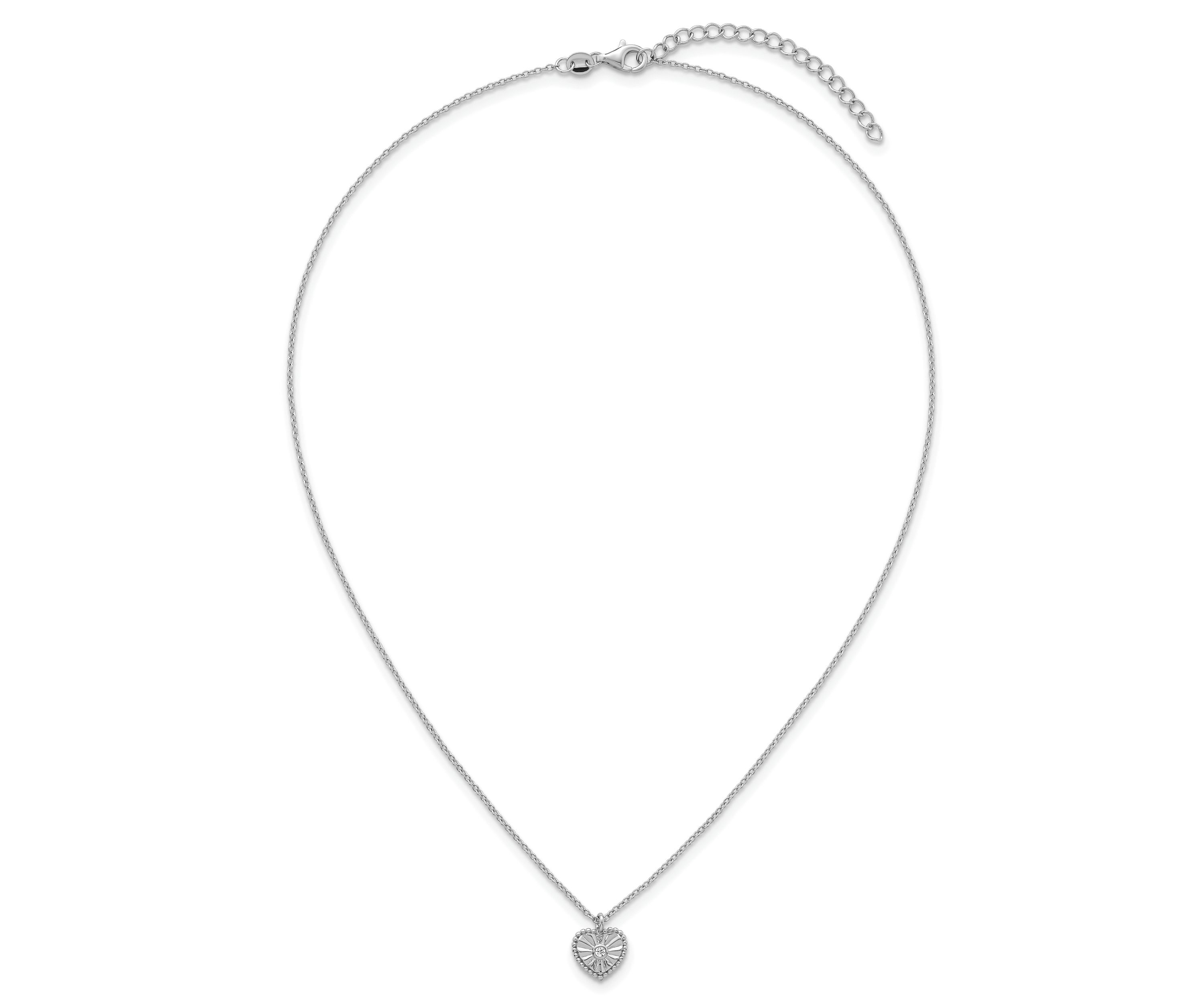 Sterling Silver Rhodium-plated Textured Cubic Zirconia Heart 16-inch with 2-inch Extension Necklace