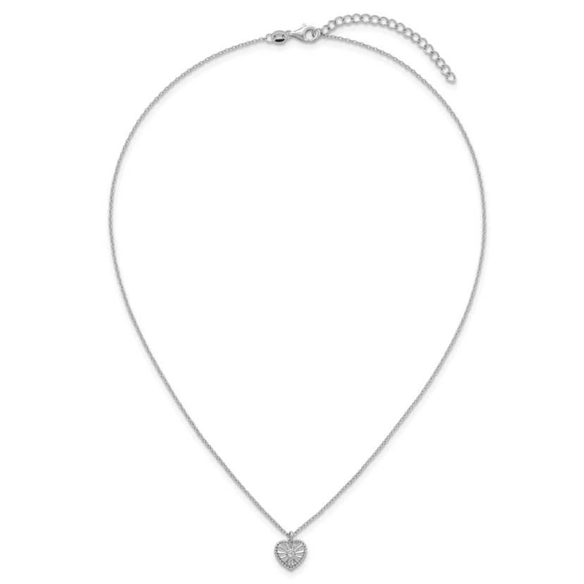 Sterling Silver Rhodium-plated Textured Cubic Zirconia Heart 16-inch with 2-inch Extension Necklace