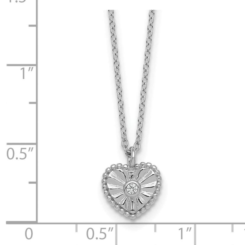 Sterling Silver Rhodium-plated Textured Cubic Zirconia Heart 16-inch with 2-inch Extension Necklace