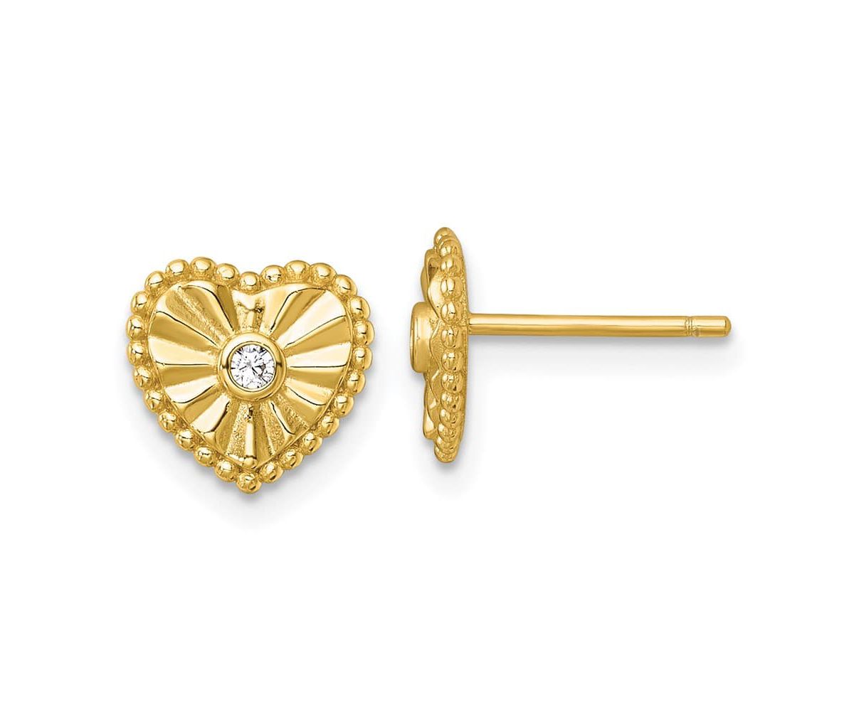Sterling Silver Gold-tone Polished and Textured Cubic Zirconia Heart Post Earrings