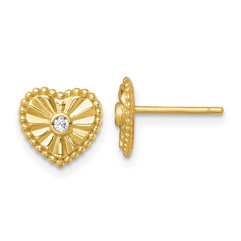 Sterling Silver Gold-tone Polished and Textured Cubic Zirconia Heart Post Earrings