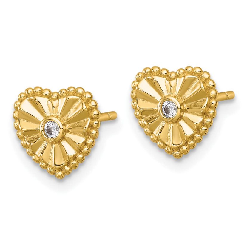 Sterling Silver Gold-tone Polished and Textured Cubic Zirconia Heart Post Earrings